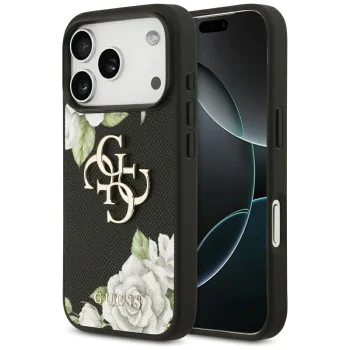 Калъф за iPhone 17 Pro Max - Guess - Hardcase 4G Grained Roses Big Logo (GUHCP17XPGROP4MK) - Черен