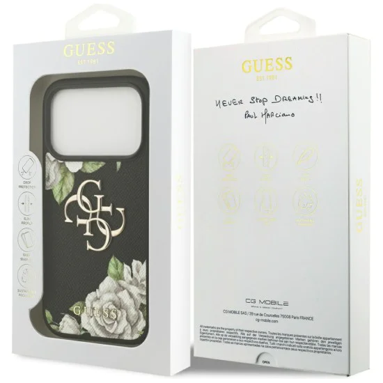 Калъф за iPhone 17 Pro Max - Guess - Hardcase 4G Grained Roses Big Logo (GUHCP17XPGROP4MK) - Черен