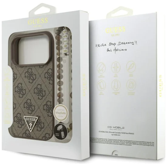 Калъф за iPhone 17 Pro - Guess - Hardcase 4G Triangle Logo MagSafe с перлена каишка (GUHMP17LP4TSDPPSW) - Кафяв