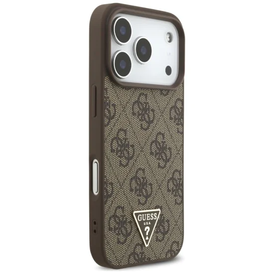 Калъф за iPhone 17 Pro - Guess - Hardcase 4G Triangle Logo MagSafe с перлена каишка (GUHMP17LP4TSDPPSW) - Кафяв
