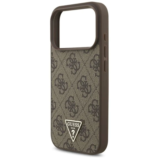 Калъф за iPhone 17 Pro - Guess - Hardcase 4G Triangle Logo MagSafe с перлена каишка (GUHMP17LP4TSDPPSW) - Кафяв