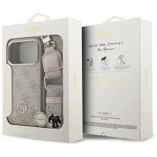 Калъф за iPhone 17 Pro - Guess - Hardcase 4G Strass Logo & Big Strap (GUHMP17LP4G4DCSP) - Розов