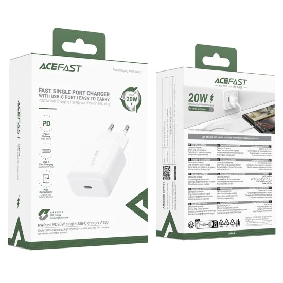 Acefast - Зарядно за стена (A130) - Бързо зареждане, GaN, Type-C, PD20W - Бяло