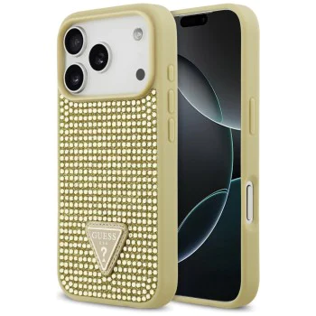 Калъф за iPhone 17 Pro - Guess - Лого с триъгълник и кристали (GUHCP17LHDGTPD) - Златист