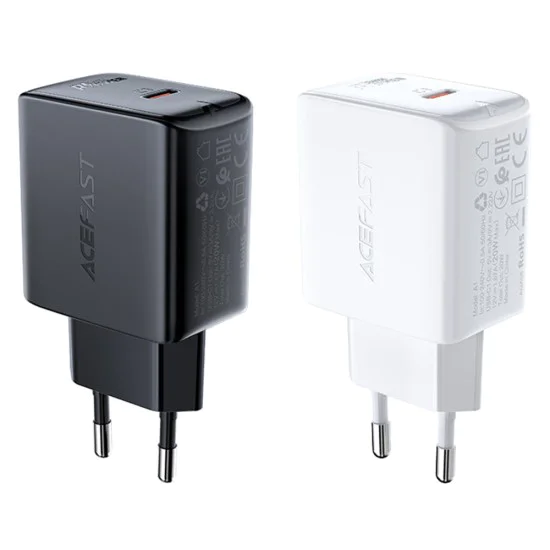 Acefast - Зарядно за стена (A1) - Бързо зареждане, Type-C, PD20W, QC 3.0, 5V/2.4A, Smart Chip, V0 противопожарна защита - Черно