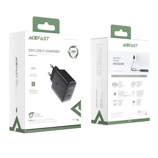 Acefast - Зарядно за стена (A1) - Бързо зареждане, Type-C, PD20W, QC 3.0, 5V/2.4A, Smart Chip, V0 противопожарна защита - Черно