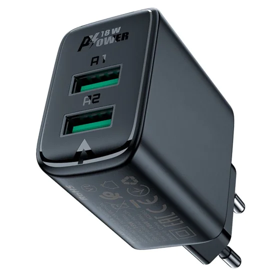 Acefast - Зарядно за стена (A33) - Двоен порт, Бързо зареждане 2x USB, QC18W - Черно
