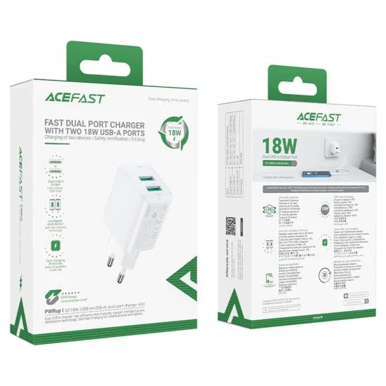 Acefast - Зарядно за стена (A33) - Двоен порт, Бързо зареждане 2x USB, QC18W - Черно
