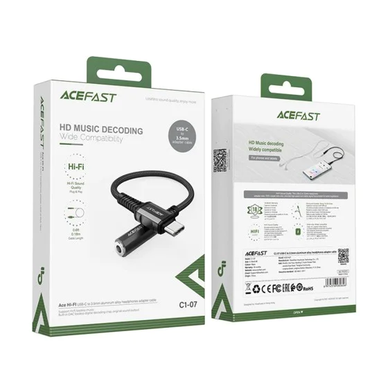 Acefast - Адаптер за аудио кабел (C1-07) - Type-C към Jack 3.5 мм женски, Hi-Fi, DAC цифрово декодиране, найлонова оплетка, 0.18 м - Черен