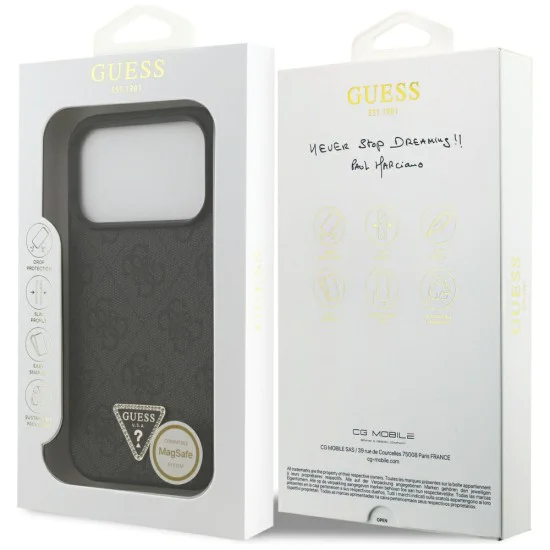 Калъф за iPhone 17 Pro - Guess - Кожен 4G Triangle Strass MagSafe (GUHMP17LP4TDPLK) - Черен
