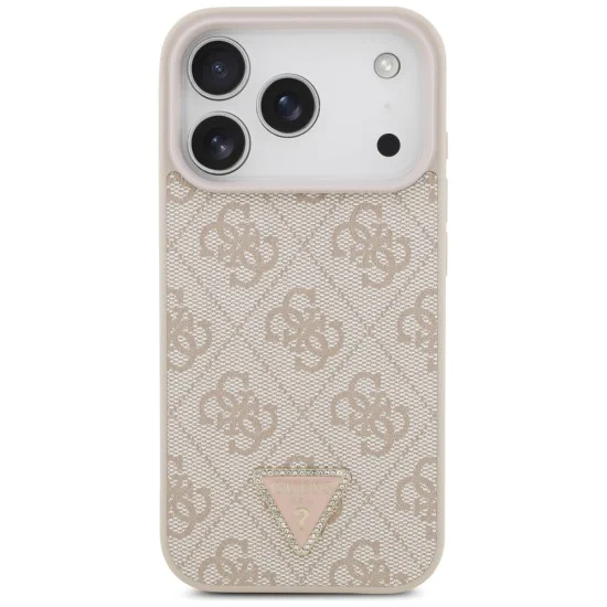 Калъф за iPhone 17 Pro - Guess - Кожен 4G Triangle Strass MagSafe (GUHMP17LP4TDPLP) - Розов