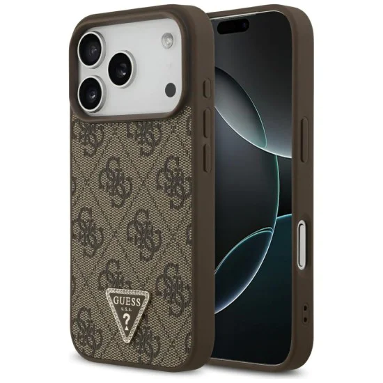 Калъф за iPhone 17 Pro - Guess - Кожен 4G Triangle Strass MagSafe (GUHMP17LP4TDPLW) - Кафяв