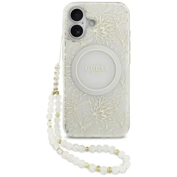 Калъф за iPhone 17 - Guess - IML Flowers с перлена каишка MagSafe (GUHMP17SHCPOFPH) - Бял
