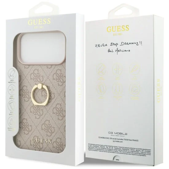 Калъф за iPhone 17 Pro Max - Guess - Hardcase 4G с пръстен-стойка (GUHCP17X4GMRPI) - Розов