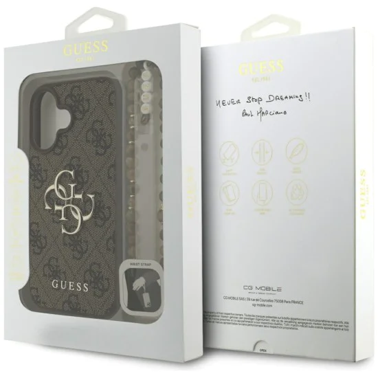 Калъф за iPhone 16 - Guess - Hardcase 4G Classic Logo с каишка (GUHCP16SP4GMGSW) - Кафяв