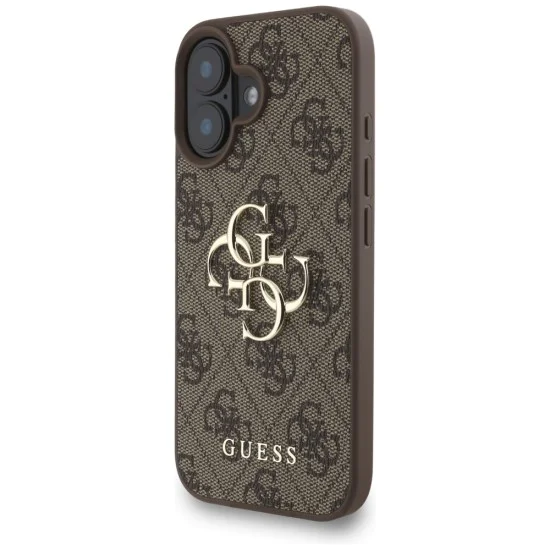 Калъф за iPhone 16 - Guess - Hardcase 4G Classic Logo с каишка (GUHCP16SP4GMGSW) - Кафяв