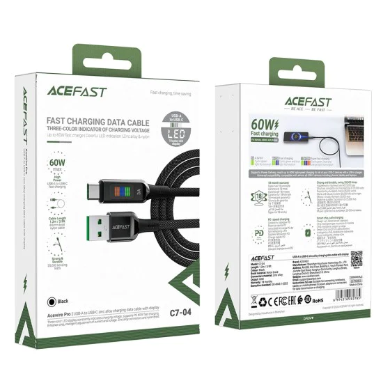 Acefast - Кабел за данни (C7-04) - USB към Type-C, бързо зареждане, 3A, оплетен найлон, 25 000 извивки, 1,2 м - Черен
