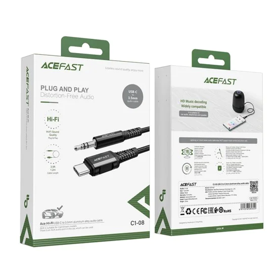 Acefast - Адаптер за аудио кабел (C1-08) - Type-C към Jack 3.5 мм мъжки, Hi-Fi, DAC цифрово декодиране, найлонова оплетка, 1.2 м - черен