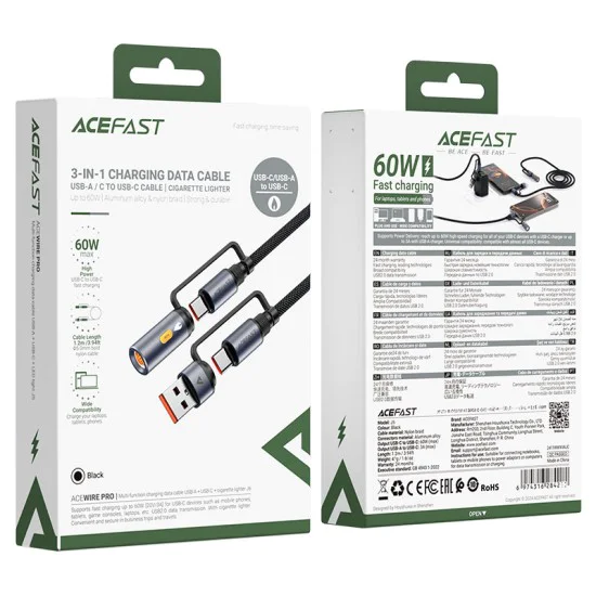 Acefast - Кабел за данни (J6) - Многофункционален, Бързо зареждане, USB/USB-C към Type-C/Запалка, 60W, 3A, 1.2 м - Черен