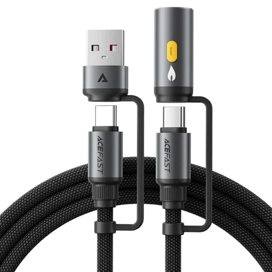 Acefast - Кабел за данни (J6) - Многофункционален, Бързо зареждане, USB/USB-C към Type-C/Запалка, 60W, 3A, 1.2 м - Черен