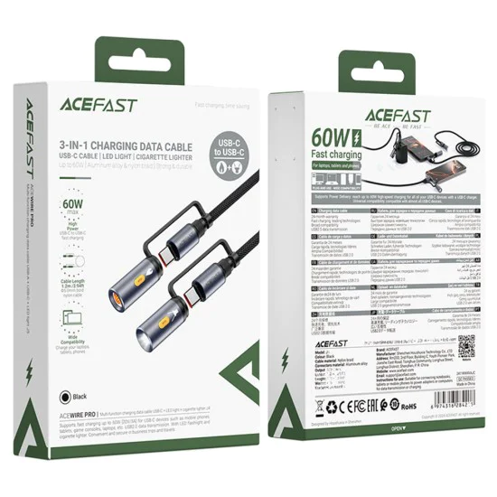 Acefast - Кабел за данни (J4) - Многофункционален, бързо зареждане, Type-C/LED светлина към Type-C/запалка, 60W, 3A, 1.2 м - Черен