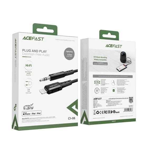 Acefast - Адаптер за аудио кабел (C1-06) - Lightning към Jack 3.5 мм мъжки, Apple Hi-Fi, Plug & Play, MFi сертифициран, 1.2 м - Черен
