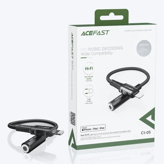 Acefast - Адаптер за аудио кабел (C1-05) - Lightning към Jack 3.5 мм женски, Apple Hi-Fi, декодиране на HD музика, MFi, 0.18 м - Черен