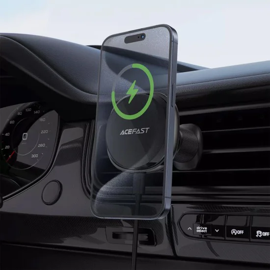 Acefast - Стойка за кола с безжично зареждане (D31) - за iPhone, MagSafe, регулируема на 360°, за вентилационен отвор, 12V/2A, 15W - Черна