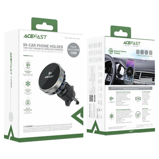 Acefast - Държач за кола с безжично зареждане (D40) - за вентилационен отвор, магнитно захващане, охлаждане с лед, Qi2, USB-C, 15W - метално сив