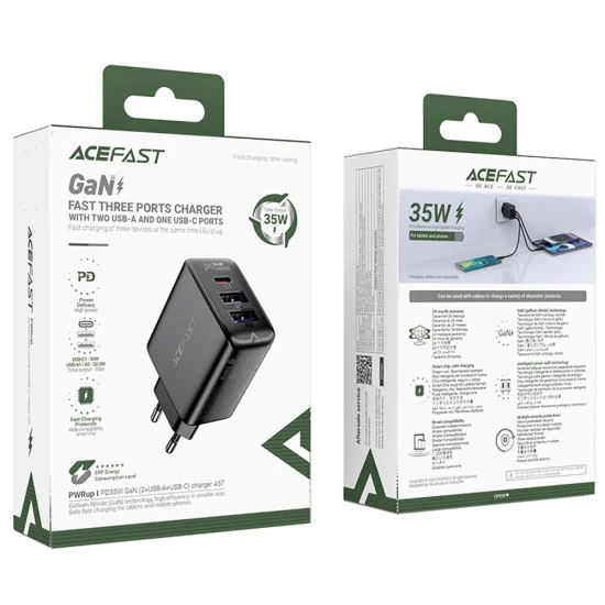 Acefast - Зарядно за стена (A57) - GaN, Бързо зареждане, 2x USB, Type-C, PD35W, Smart Chip - Черно