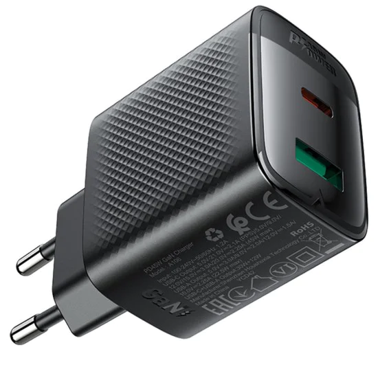 Acefast - Зарядно за стена (A106) - GaN, Бързо зареждане, Type-C, USB, 45W, 3A, Smart Chip - Черно