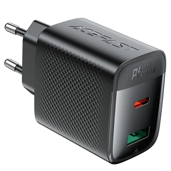 Acefast - Зарядно за стена (A106) - GaN, Бързо зареждане, Type-C, USB, 45W, 3A, Smart Chip - Черно