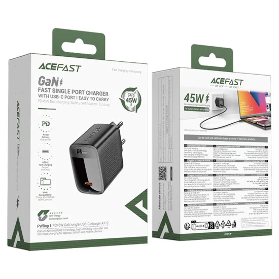 Acefast - Зарядно за стена (A112) - Бързо зареждане, GaN технология, Type-C, 45W, 3A, Smart Chip - Черно