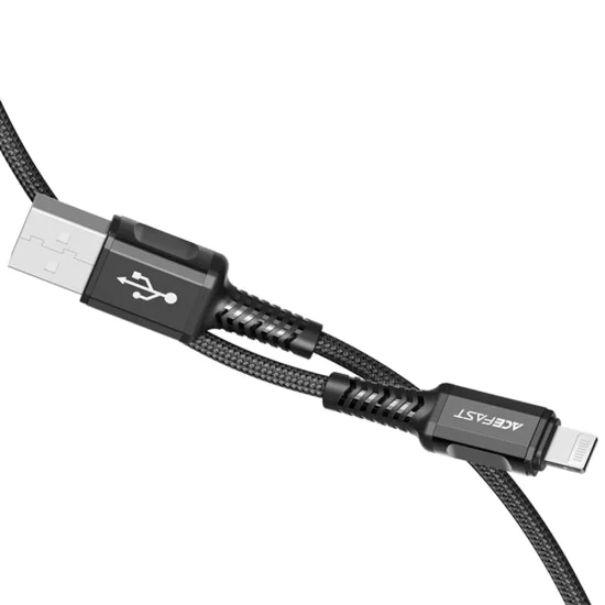 Acefast - Кабел за данни (C1-02) - USB към Lightning, 2.4A, бързо зареждане, MFi сертификат, найлонова оплетка, 1.2 м - Черен