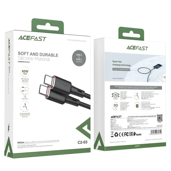 Acefast - Кабел за данни (C2-03) - Type-C към Type-C, 60W, 3A, Бързо зареждане, 1.2 м - Черен