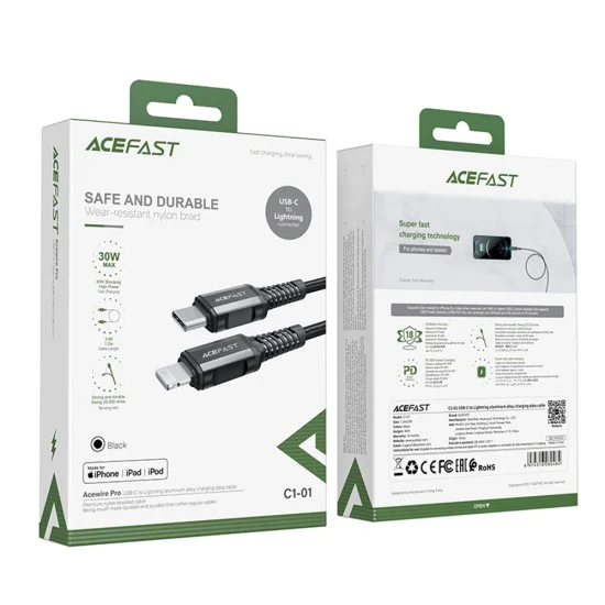 Acefast - Кабел за данни (C1-01) - Type-C към Lightning, 30W, 3A, бързо зареждане, MFi сертификат, найлонова оплетка, 1.2 м - Черен