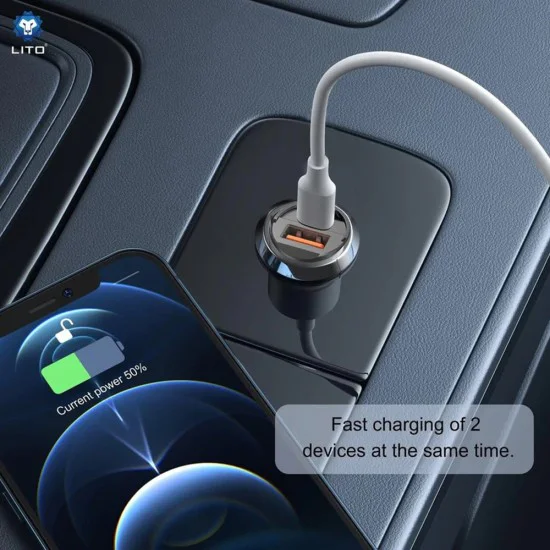 Зарядно за кола - Lito (IN-C03) - 1x USB, 1x Type-C, 60W, бързо зареждане, ултра-мини и елегантен дизайн, универсално - черно