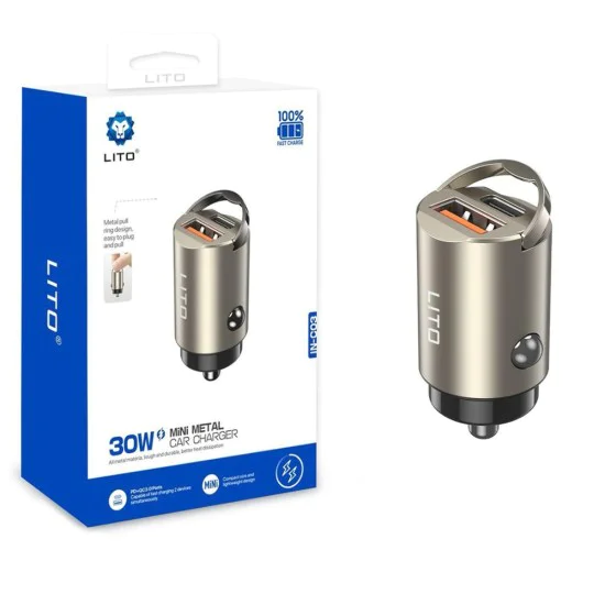 Зарядно за кола - Lito (IN-C03) - 1x USB, 1x Type-C, 60W, бързо зареждане, ултра-мини & елегантен дизайн, универсално - Gunmetal