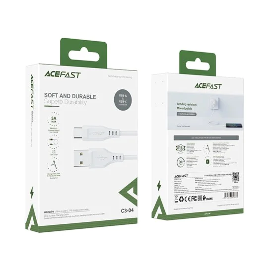 Acefast - Кабел за данни (C3-03) - USB към Type-C, 60W, 3A, Бързо зареждане, 1.2 м - Бял