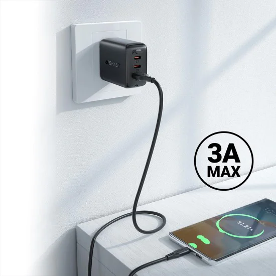 Acefast - Кабел за данни (C3-03) - USB към Type-C, 60W, 3A, Бързо зареждане, 1.2 м - Черен