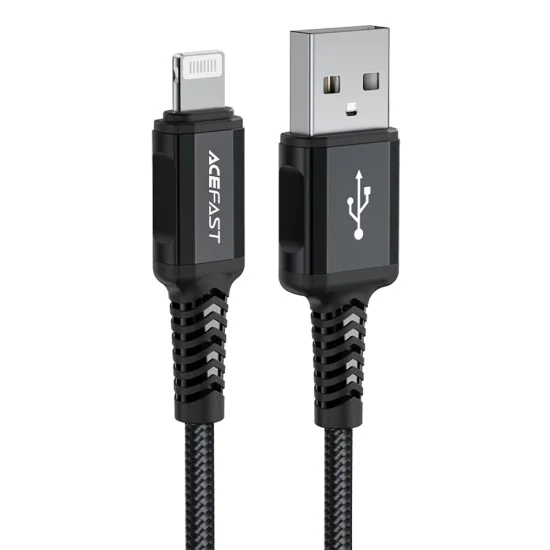 Acefast - Кабел за данни (C4-02) - Бързо зареждане, USB към Lightning, 2.4A, Алуминиева сплав, 1.8 м - Черен