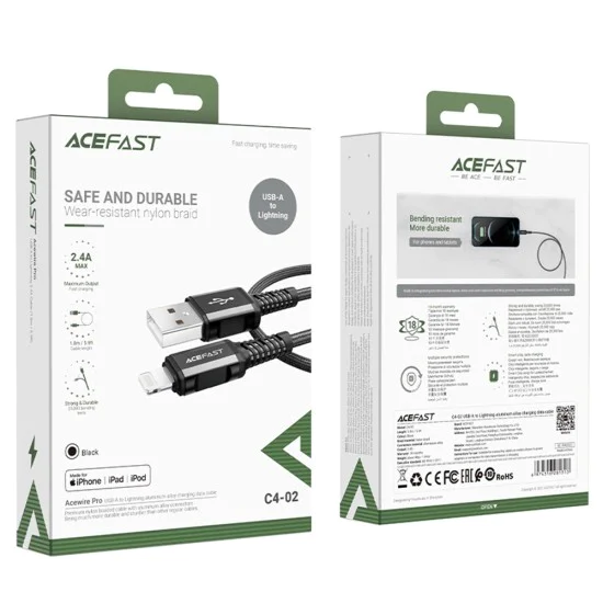Acefast - Кабел за данни (C4-02) - Бързо зареждане, USB към Lightning, 2.4A, Алуминиева сплав, 1.8 м - Черен