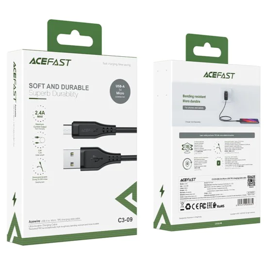 Acefast - Кабел за данни (C3-09) - USB към Micro-USB, 2.4A, 480Mbps, 1.2 м - Черен