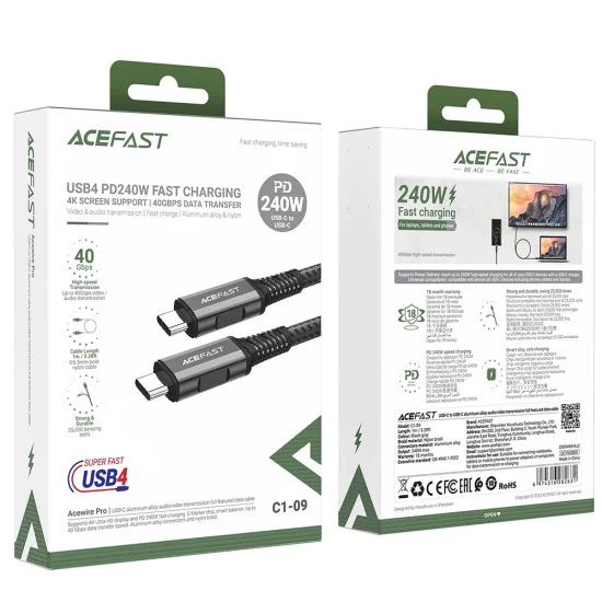 Acefast - Кабел за данни (C1-09) - SuperCharge, Аудио-Видео, USB-C към USB-C, 40Gbps, 4K, 5A, 240W, PD3.1, USB4, 1m - Сив / Черен