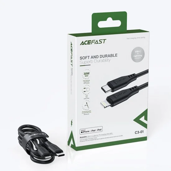 Acefast - Кабел за данни (C3-01) - Type-C към Lightning, 30W, 3A, бързо зареждане, 1.2 м - Бял