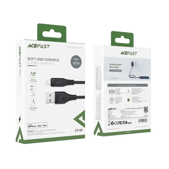 Acefast - Кабел за данни (C3-02) - USB към Lightning, 2.4A, 480Mbps, MFi сертификация, 1.2 м - Черен
