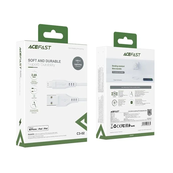 Acefast - Кабел за данни (C3-02) - USB към Lightning, 2.4A, 480Mbps, MFi сертификат, 1.2 м - Бял
