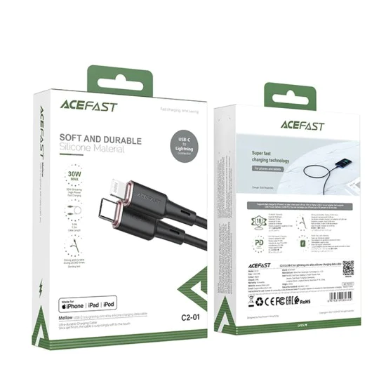 Acefast - Кабел за данни (C2-01) - Type-C към Lightning, 30W, 3A, бързо зареждане, MFi сертификация, 1.2 м - Черен