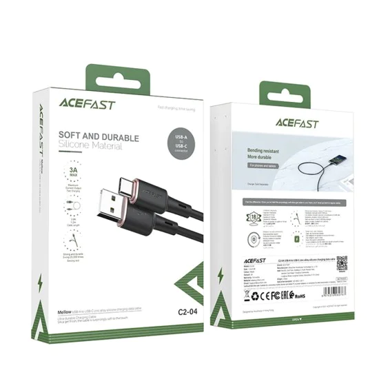 Acefast - Кабел за данни (C2-04) - USB към Type-C, бързо зареждане, 3A, 1.2 м - Черен