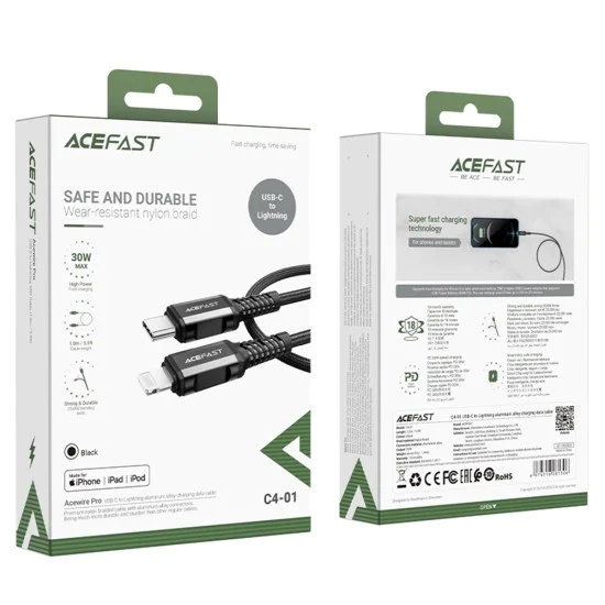 Acefast - Кабел за данни (C4-01) - Бързо зареждане, Type-C към Lightning, 30W, 3A, Алуминиева сплав, 1.8 м - Черен